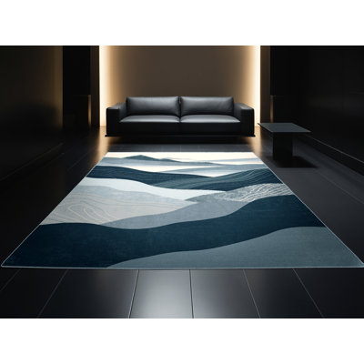 Tapis gris moderne et contemporain lavable à la machine Bemott - Reliure bleu ciel