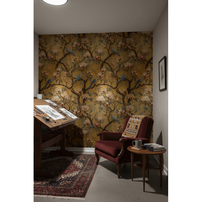 Papier peint floral avec oiseaux Magnolia