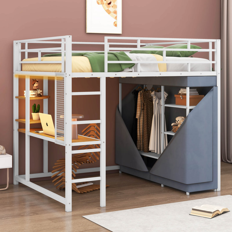 Loft Metal Bed With Desk,Shelves,Power Outlet,LED Light And Wardrobe, White