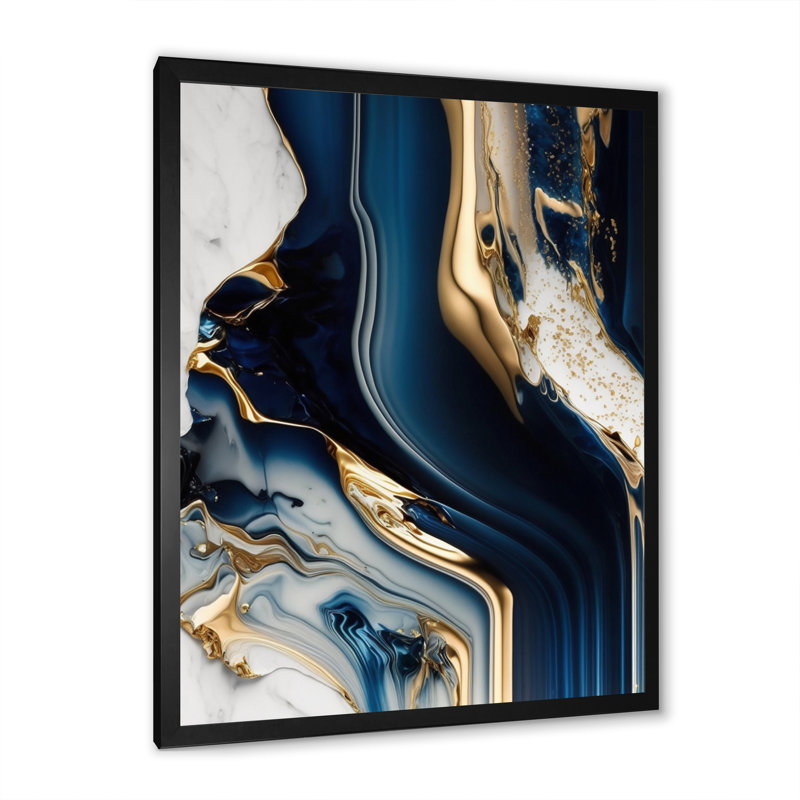 «Abstract Geode Waves Blue V» - Art mural abstrait, Impression noire sur toile encadrée, H 20 po x l 12 po x P 1 po