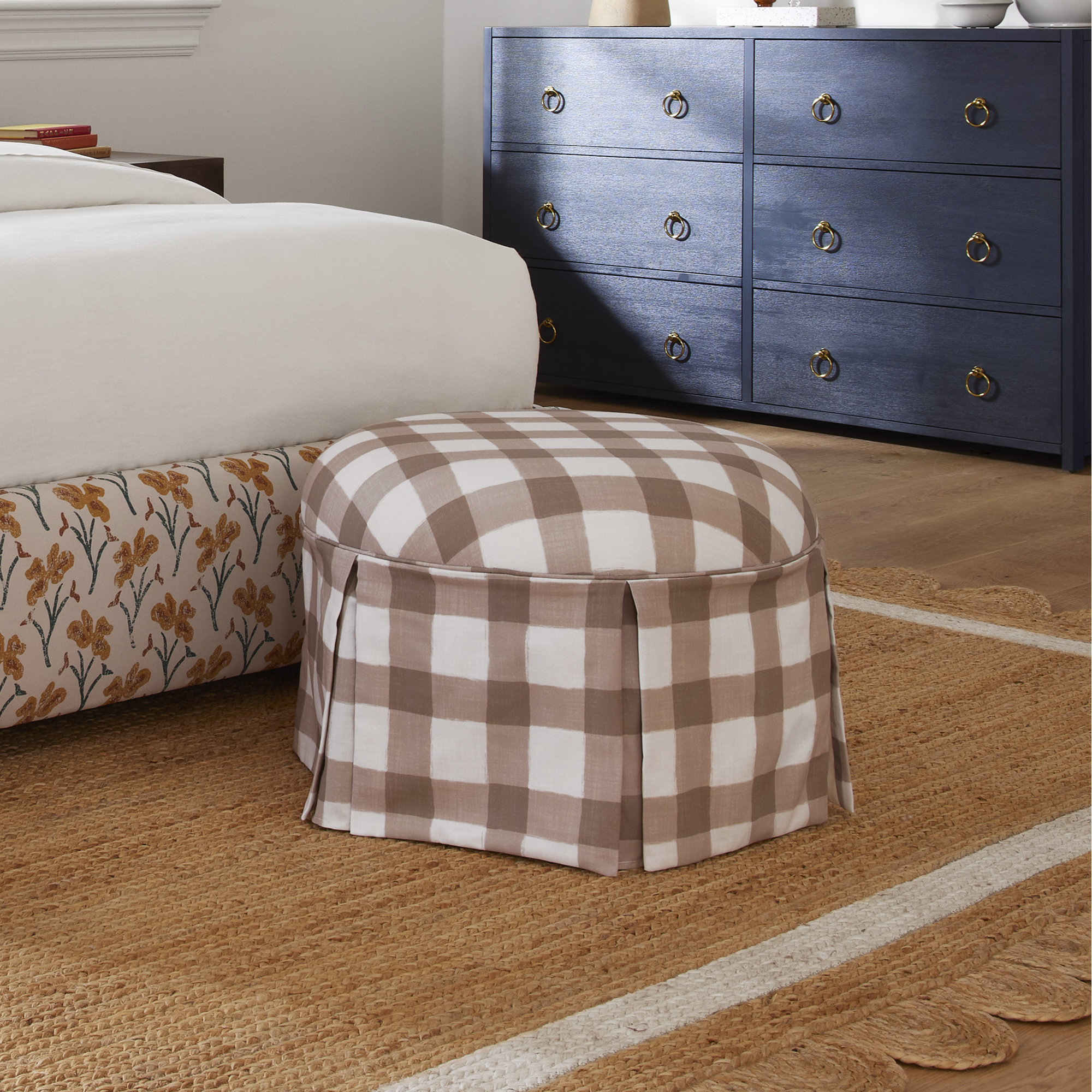 Manders 25" Round Ottoman, Buffalo Square Taupe