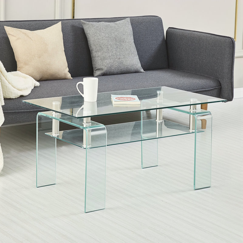 Table basse rectangulaire en verre transparent, H 17,71 po x L 39,37 po x l 21,65 po, Transparent, Transparent