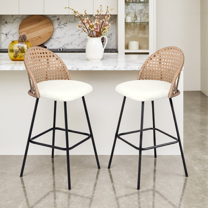 Upholstered Beige Rattan Full Back Counter Bar Stool, Beige
