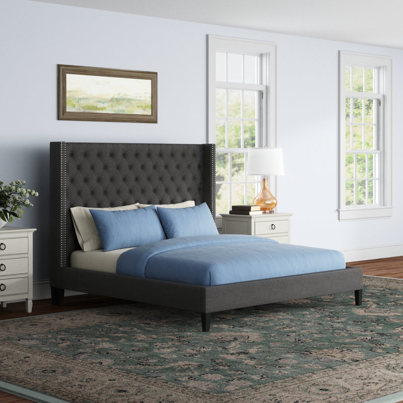 Allyonna Upholstered Wingback Bed, Eastern King, Dark Gray
