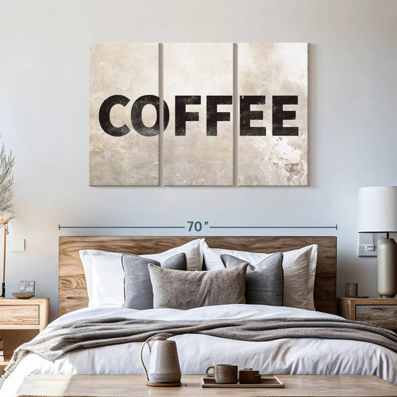 «Coffee Grunge Signage», ensemble de 3 impressions sur toiles par Vintage Charm Collective, H 36 po x l 57 po x P 1,25 po