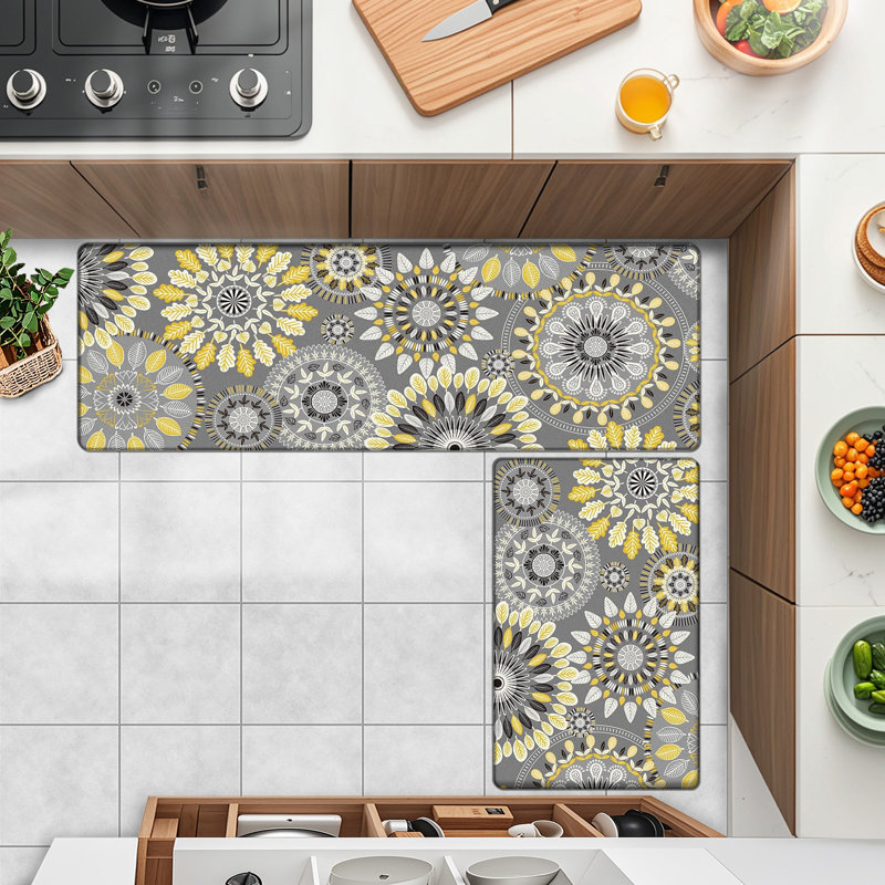 Jalissia Anti-Fatigue Non-Skid Kitchen Mat, Gray/Yellow/Black/White, Runner 20" x 31.5" + 20" x 59"