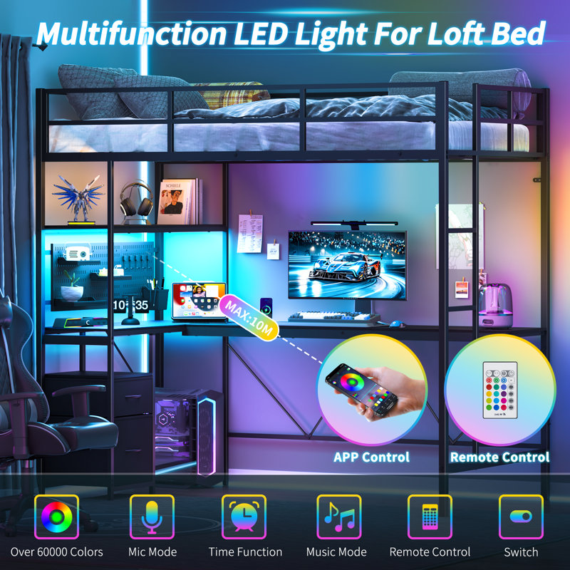 Loft Bed with Desk, Metal Twin Loft Bed Frame with Charging Station / LED/ Drawers, Black