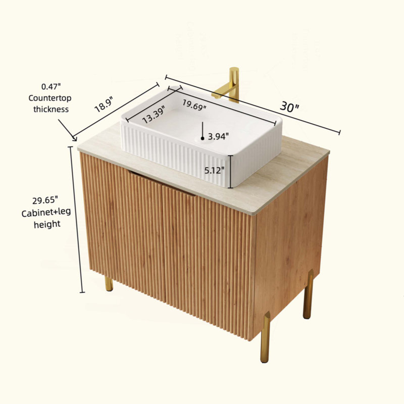 Meuble-lavabo de salle de bain avec lavabo, armoire de rangement autoportante en contreplaqué avec 2 portes, lavabo rectangulaire en céramique et comptoir en pierre frittée à motif de travertin Roma