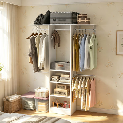 Closet System, Walk-In Organizer with Adjustable Shelves & 5 Expandable Rods, 3-5Ft, White