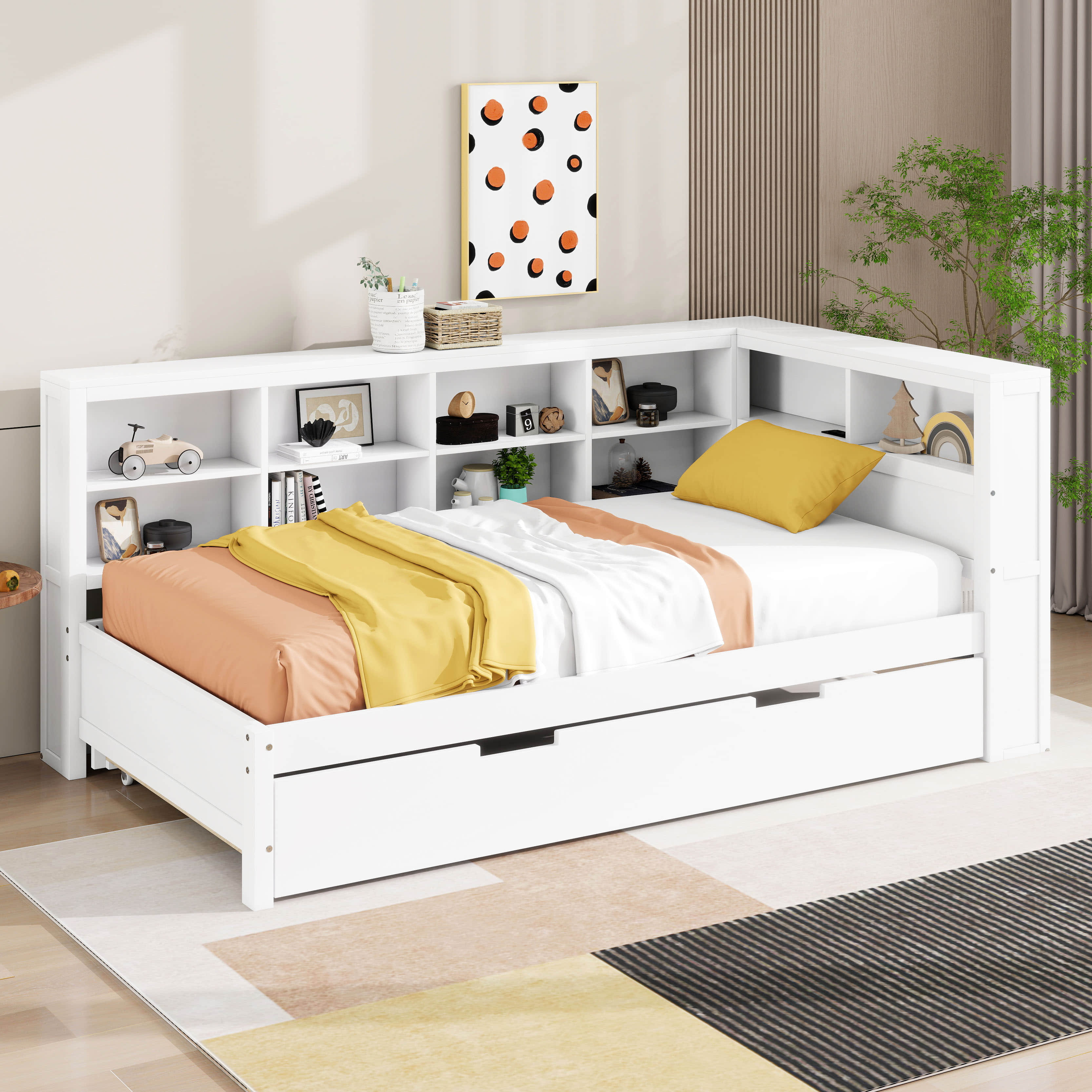 Ebern Designs Twin Size Wooden Daybed With Twin Trundle, Platform Bed ...