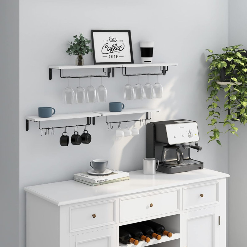 Coffee Bar Shelf, Wall Mounted Shelves For Coffee Cups Mugs Wine Glass, Floating Shelves For Coffee Station With 8 Hooks, Coffee Cup Shelf Wall Holder, Set Of 2