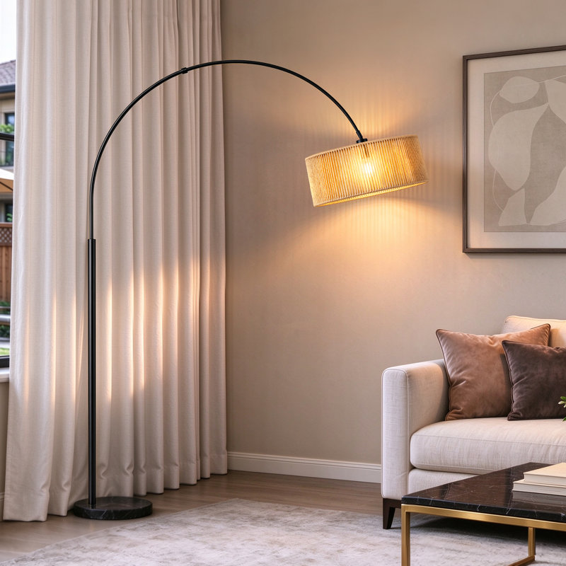 Lampe sur pied arquée bohème en métal de 203 cm avec abat-jour pivotant à 351° en rotin et base en marbre, Noir mat