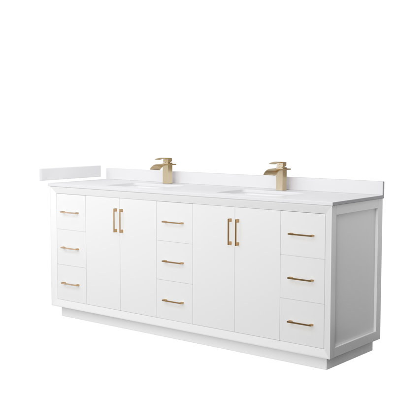 Ensemble de meuble-lavabo double 84 po Strada_Carrara, Marbre de culture blanc, Blanc, Bronze satiné