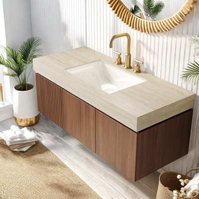 Meuble-lavabo moderne en chêne brun avec rangement, lavabo en céramique, conception de salle de bain luxueuse