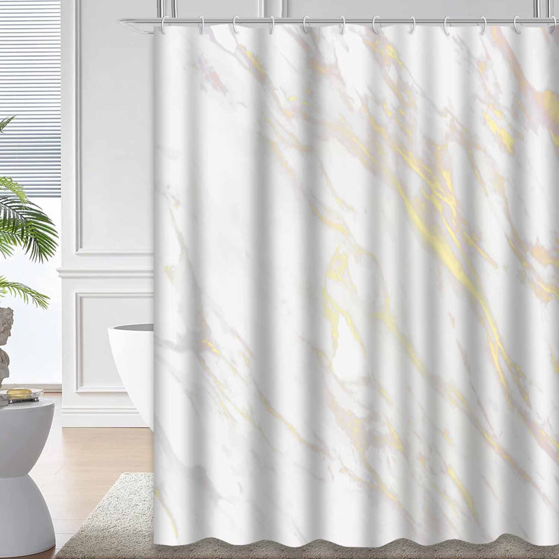 White Marble Backdrop Botanical Gold Shower Curtain with 12 Hooks, 72" L x 72" W