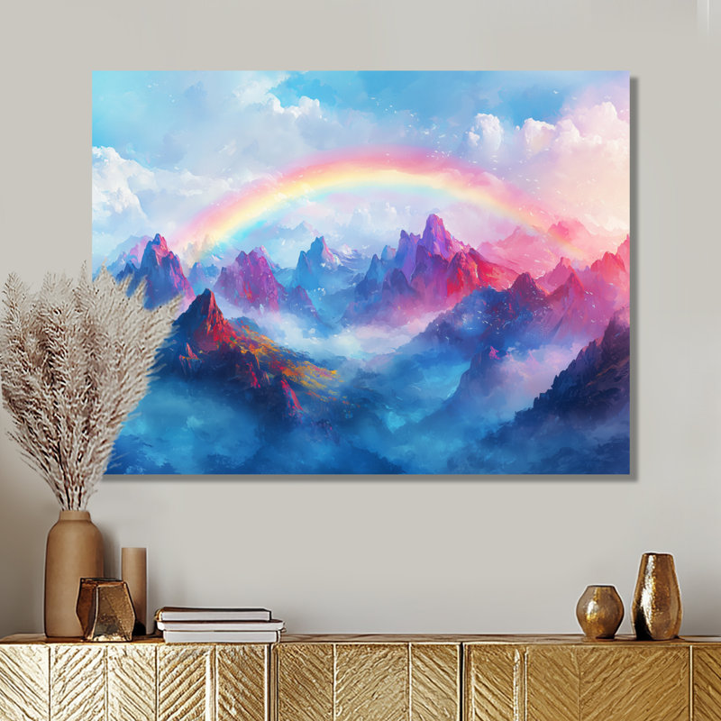 Arc-en-ciel au-dessus des montagnes - art mural arc-en-ciel en métal, reproduction d'art traditionnelle en métal