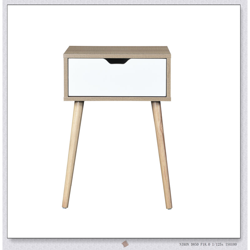 Mid-Century Modern Side Table with 1 Drawer and Durable Rubber Wood Legs, Perfect for Storage and Elegance.