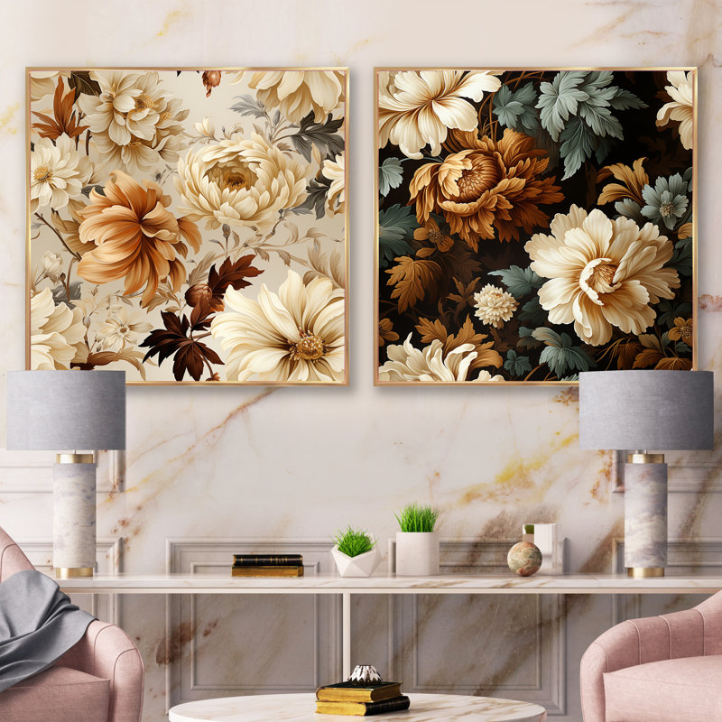 Rustic Brocade Elegance Victorian Motif III - Ensemble de 2 collages carrés floraux, H 16 po x l 33 po, Cadre flottant doré