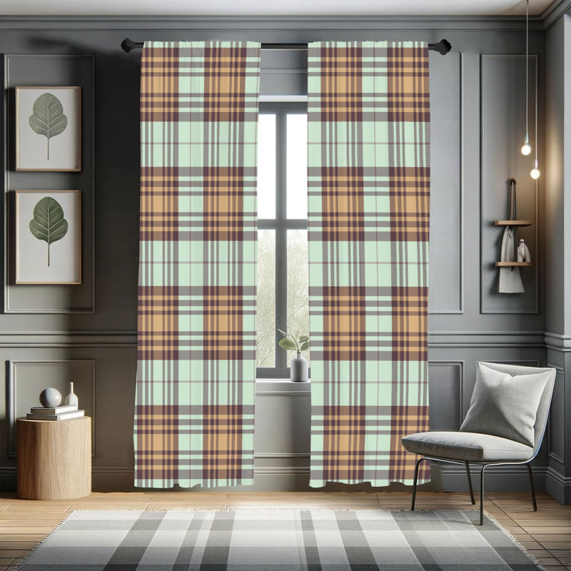  Checkered Curtains, Plaid Tartan English Tile, Mint Green, 56" W x 84" L