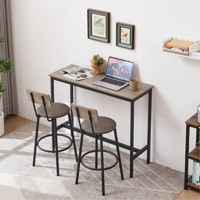 Ensemble de table de bar avec 2 tabourets de bar en polyuréthane avec dossier, gris, l 43,31 po x l 15,75 po x H 35,43 po