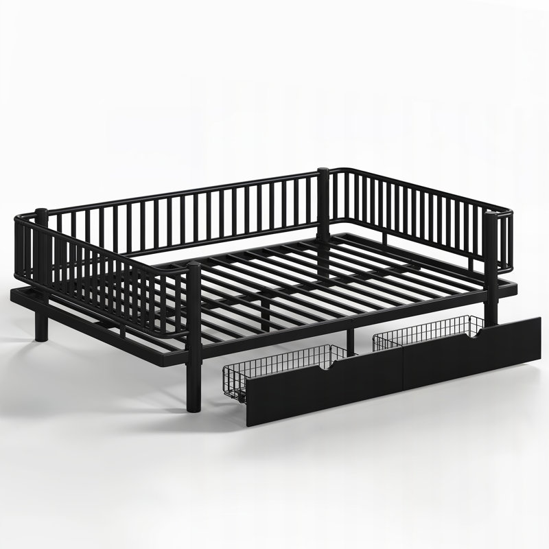 Lit plateforme en métal avec tiroirs de rangement et conception à profil bas, Queen, Black