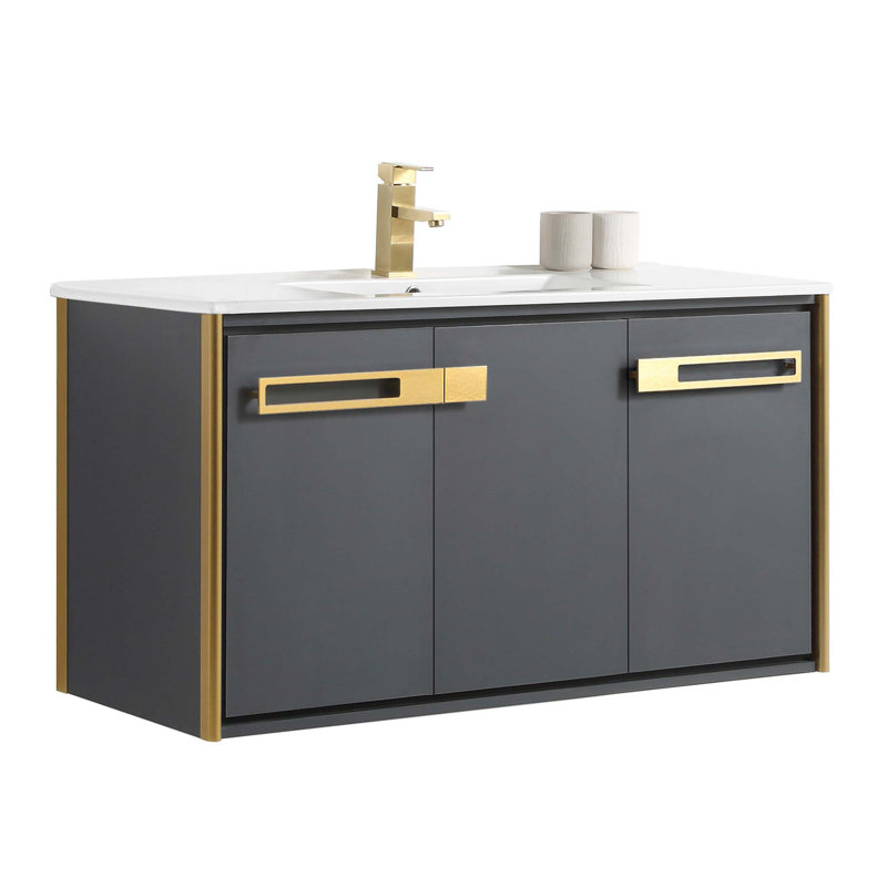 42'' Single Bathroom Vanity with Vitreous China Top, Satin Brass, Onix Gray