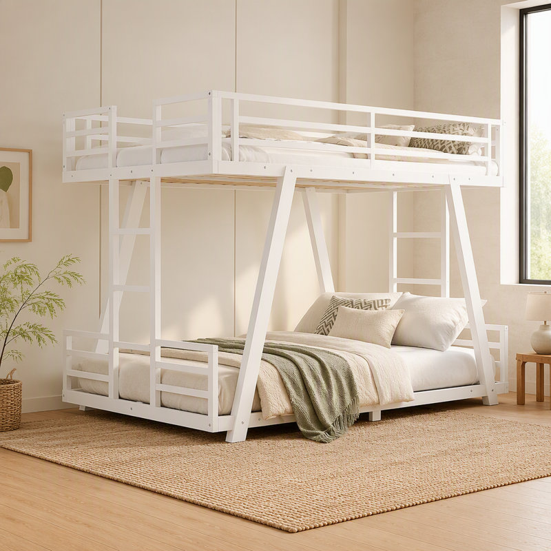 Lit superposé simple TG au-dessus de simple TG avec 2 échelles latérales, lit superposé en métal avec pieds de support spéciaux et lumière DEL, lit superposé à profil bas, blanc