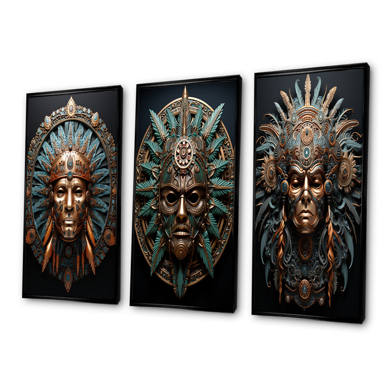 Émeraude et noir, masque de Guerrier amérindien - art amérindien, ensemble de 3 reproductions d'art mural, H 32 po x l 48 po