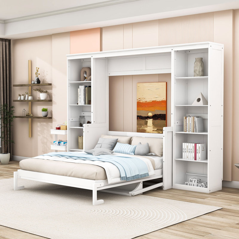 Lit escamotable avec bureau intégré et rangement spacieux, Double
