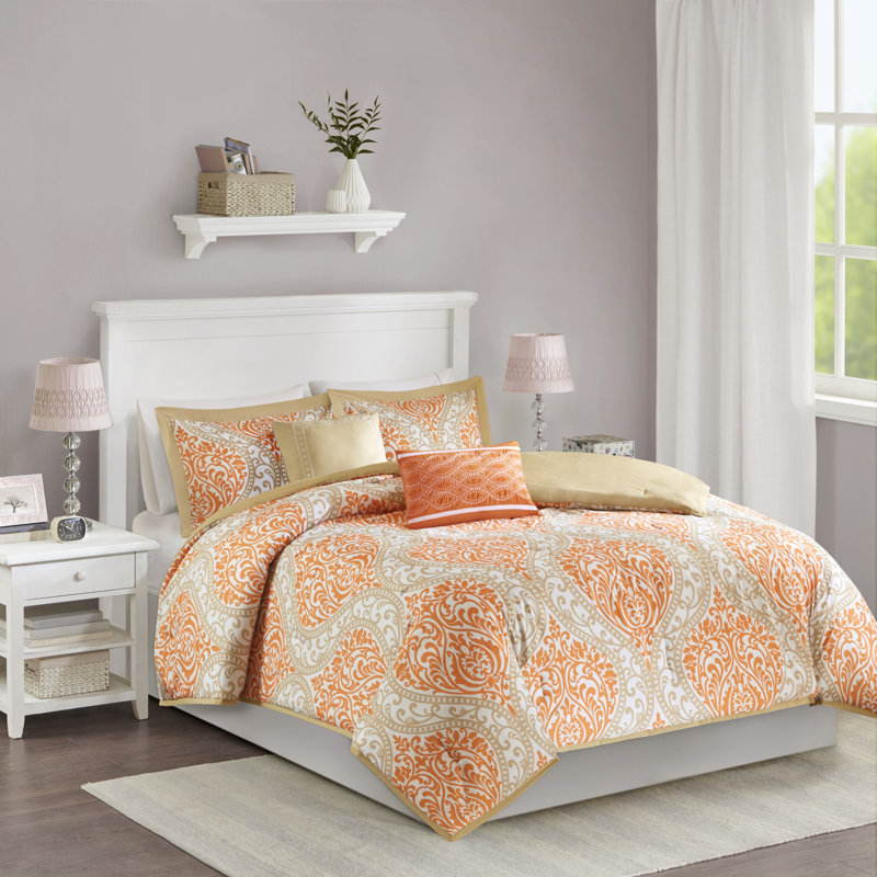Senna Damask Comforter Set, Orange, Twin/Twin XL Comforter+ 1 Standard Sham + 2 Throw