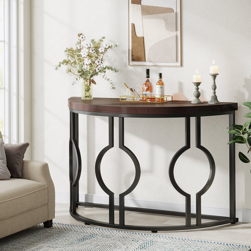 Console demi-lune pour le hall d'entrée, canapé industriel semi-circulaire de 43 pouces avec base géométrique, table d'appoint en bois pour le salon, couloir, vestibule, entrée, brun rustique