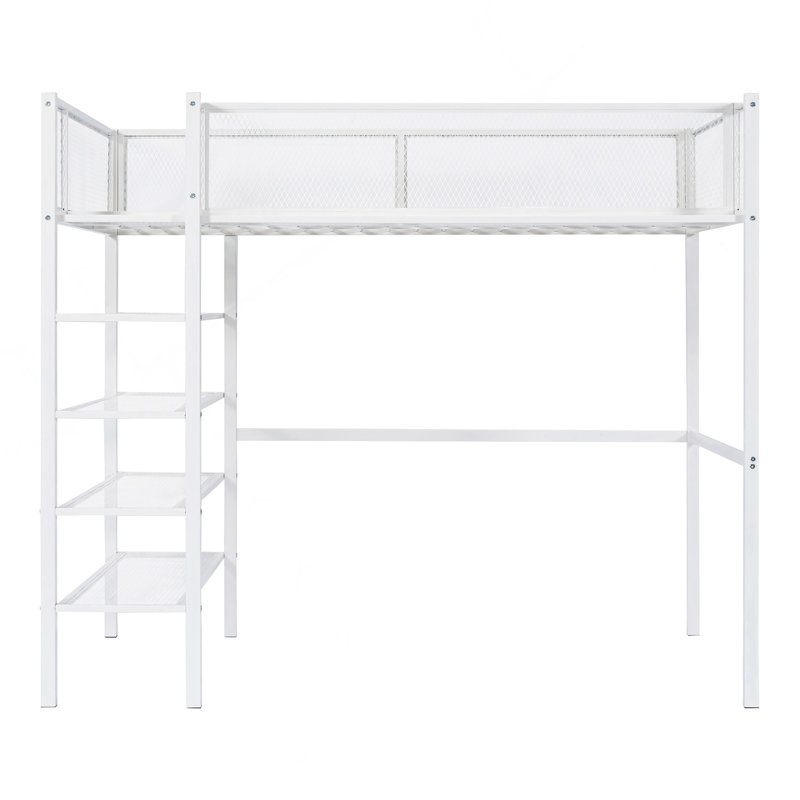 Lit mezzanine simple en métal avec tablettes à 4 niveaux et rangement, blanc, Blanc