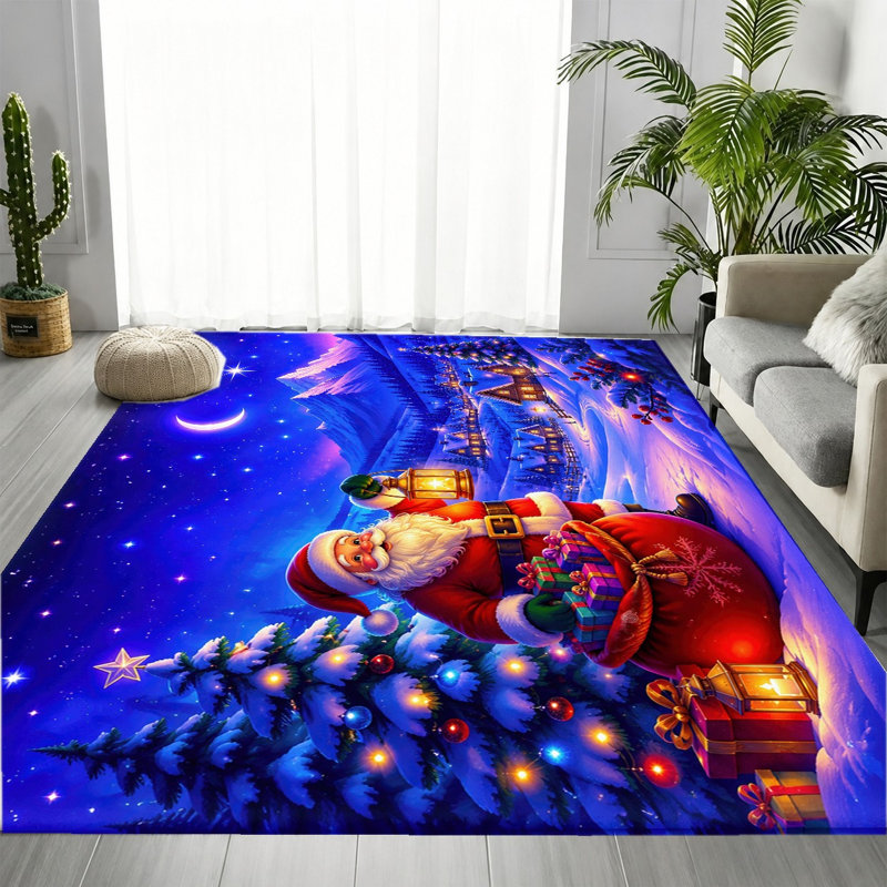Tapis lavable à motif Père Noël, paysage d'hiver enneigé, surface en velours, doux et antidérapant, décoration intérieure moderne pour salon, chambre, entrée, bureau, balcon, appartement