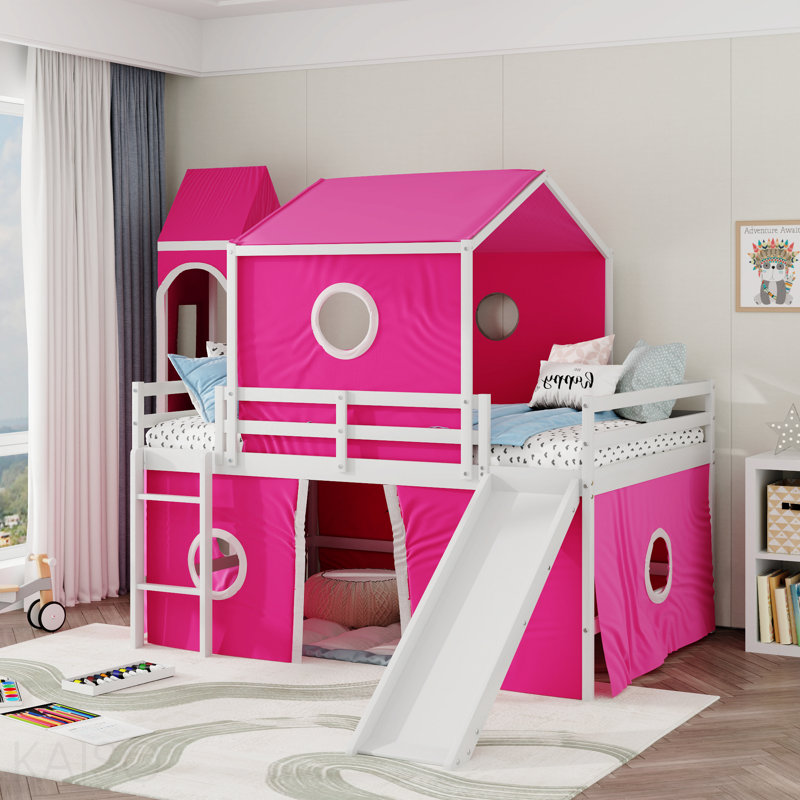 Lit mezzanine double avec tente et tour rose Slide - Rose