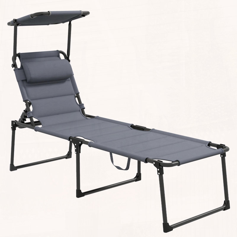 Chaise longue pliante avec auvent réglable et coussin, Gris