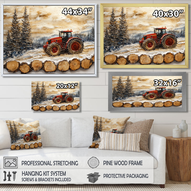«Large Tractor In A Winter Farm Landscape», art mural sur toile, Reproduction d'une seule photo avec cadre, H 30 po x l 40 po