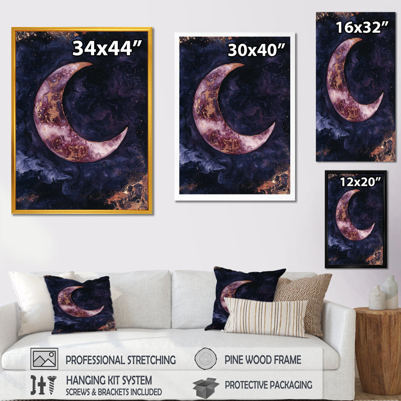 Purple Serenade Of The Waxing Crescent Moon - Moon Wall Décor, 32" H x 16" W, Picture Framed Print, Black