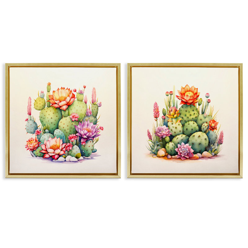 «Desert Spring Cactus Flowers», ensemble de 2 toiles flottantes encadrées par Andrea Haase, Cadre flottant métallique doré
