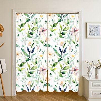 2Pcs Watercolor Floral Leaves Curtains, Bohemian Style Patterned Rod Pocket Window Drapes For living room bedroom Kitchen Dining, Room Darkening Treatment Decor