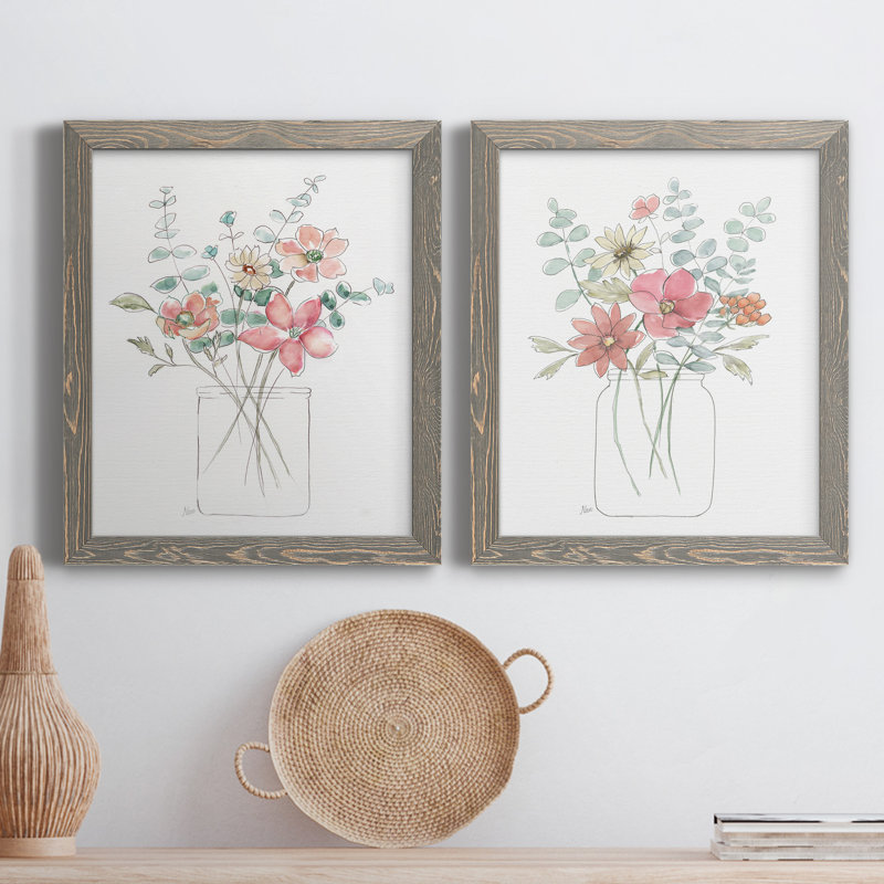 «Whimsical Wildflowers I», ensemble de 2 peintures sur toile encadrées, H 20 po x l 34 po x P 1,5 po, Encadré gris