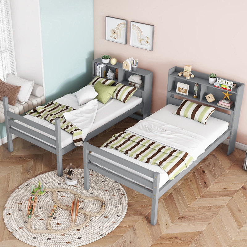 Twin Over Twin Wooden Bunk Bed with Shelves, Convertible to 2 Beds, Guardrails & Ladder, Gray
