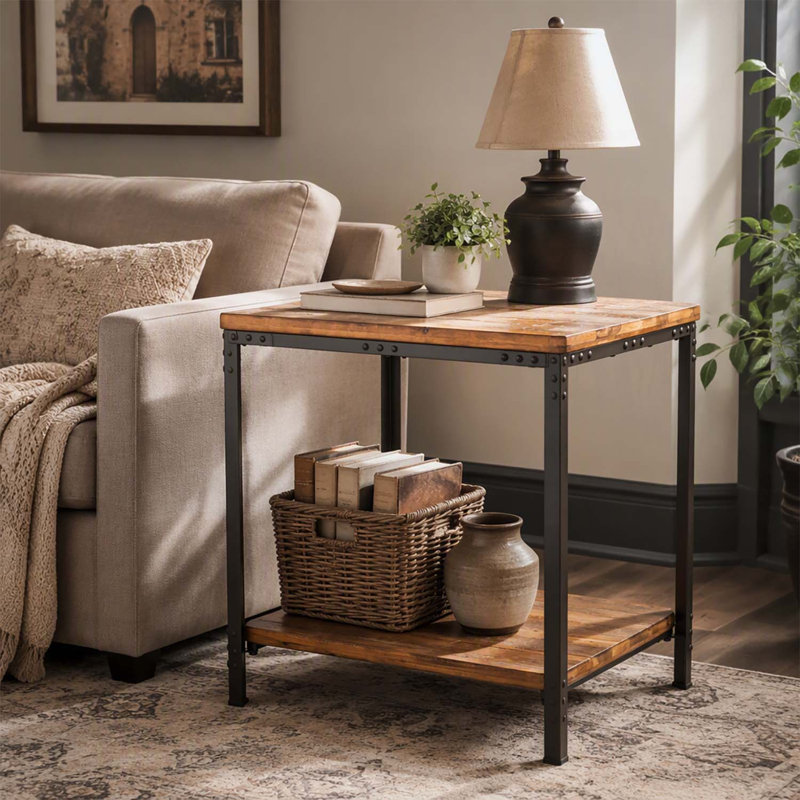 Table d'appoint rustique urbaine avec pieds robustes en bois dur et en fer, dotée d'une tablette inférieure pour un rangement supplémentaire.