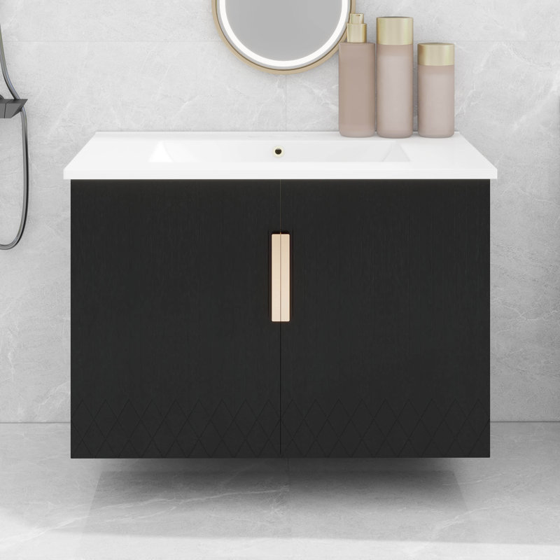 Meuble-lavabo mural 30 po avec lavabo en céramique et meuble-lavabo mural, Noir