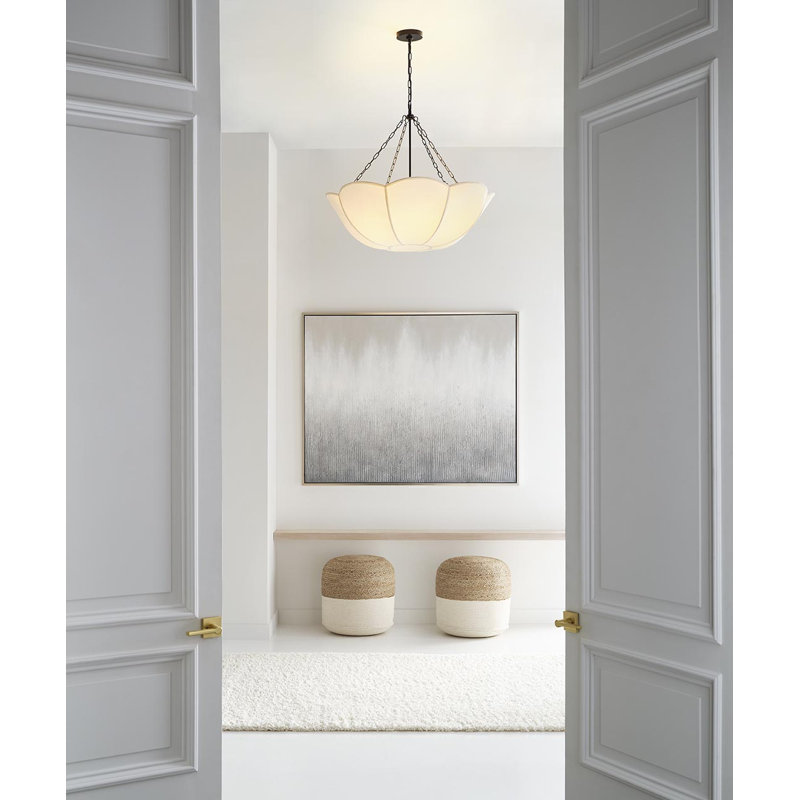 Alexa Hampton Stassi Dining Room Chandelier With White Linen Shade, Aged Iron, 4 Lights, 26.875" H x 32" W x 32" D