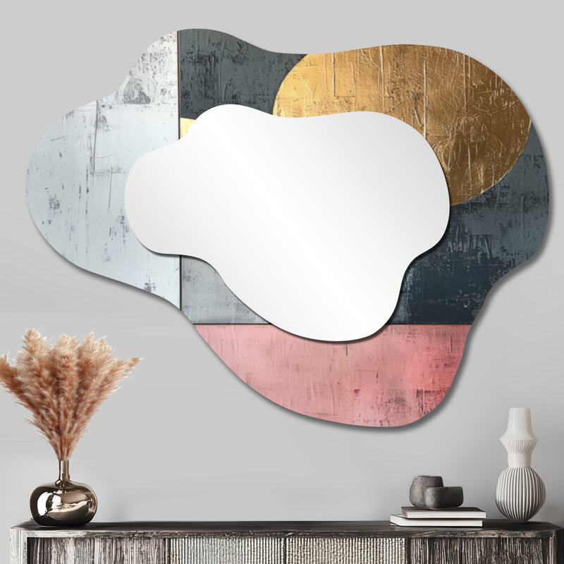 Géométrique doré rose et gris Pure Form X - miroir géométrique asymétrique irrégulier, miroir mural moderne, imprimé sur métal