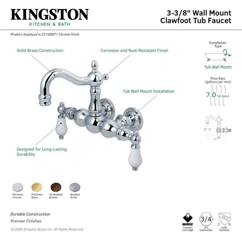 Kingston Brass Vintage Two-Handle 2-Hole Tub Wall Mount Clawfoot Tub Faucet, Polished Brass