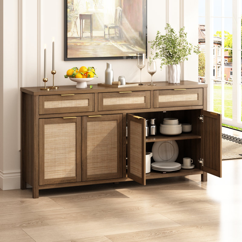 Buffet en rotin l 63 po avec 3 tablettes de rangement réglables Ciauna, Brun