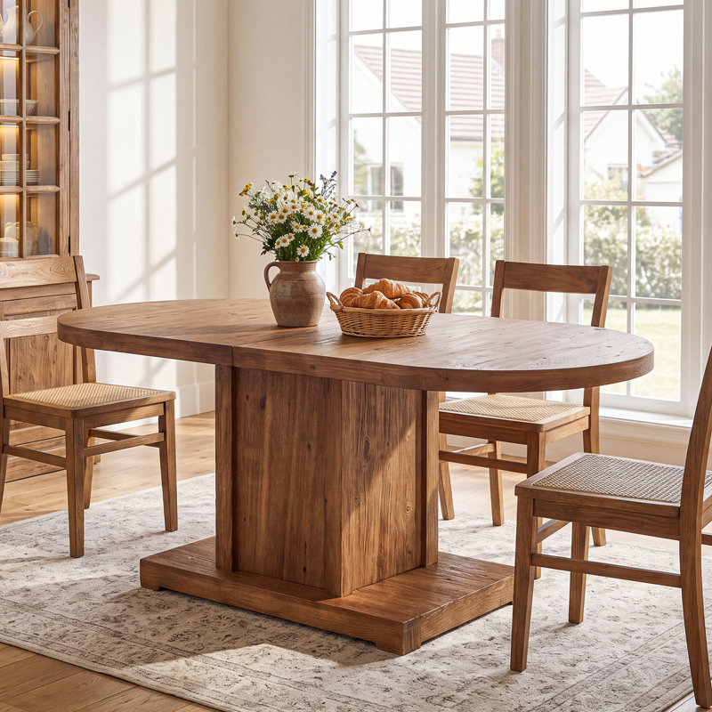 Table de salle à manger ovale en bois massif de 63 pouces, table de cuisine de style campagnard avec pied central robuste
