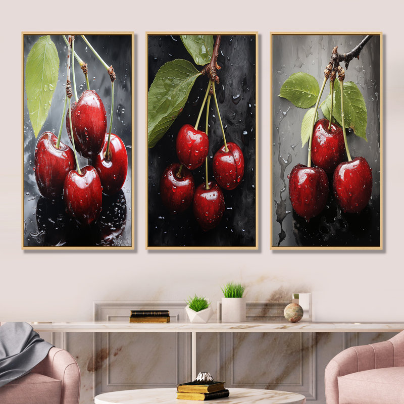 Charbon gris cerise Chaplin fruits - fruits, ensemble de 4 reproductions d'art mural, Cadre flottant brun, H 32 po x l 48 po
