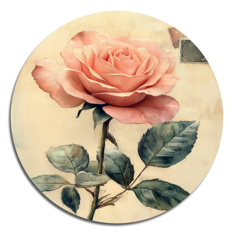 Rose fanée carte postale - Art mural rond en métal floral, 16" W x 16" H